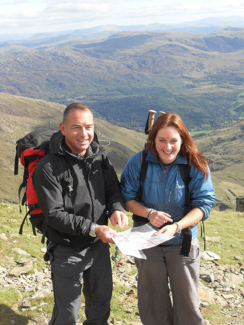 Two people studying a map during a navigation course in Snowdonia