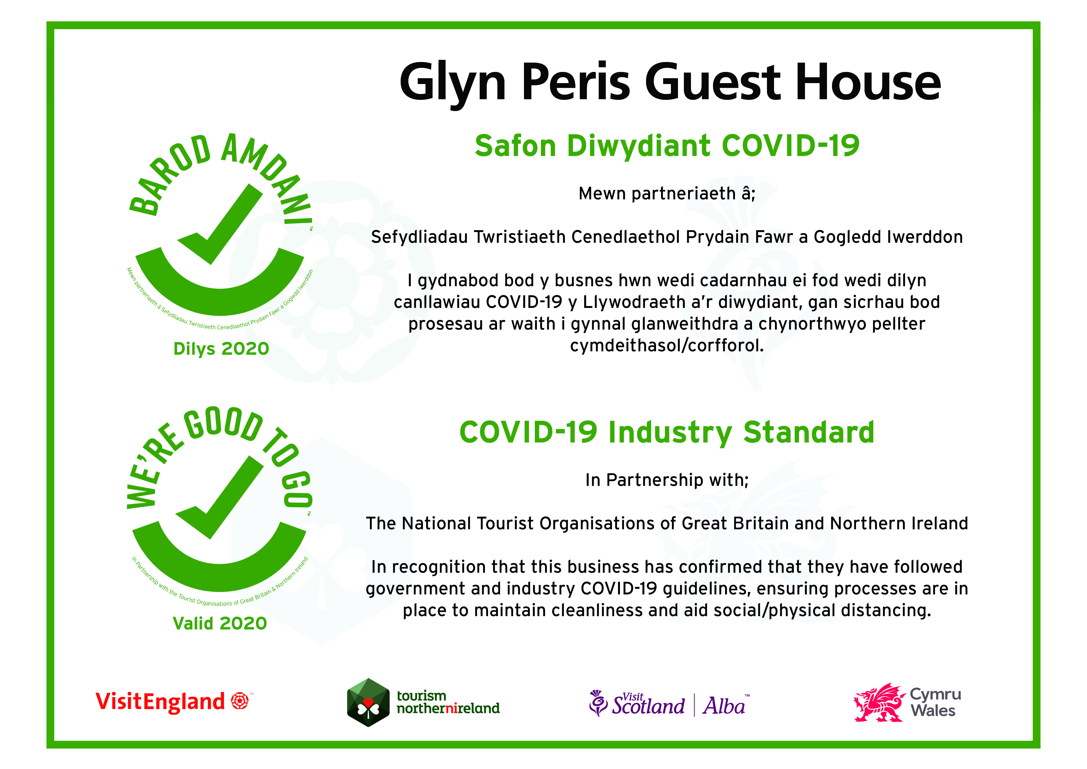 glyn peris guest house Good to Go award certificate